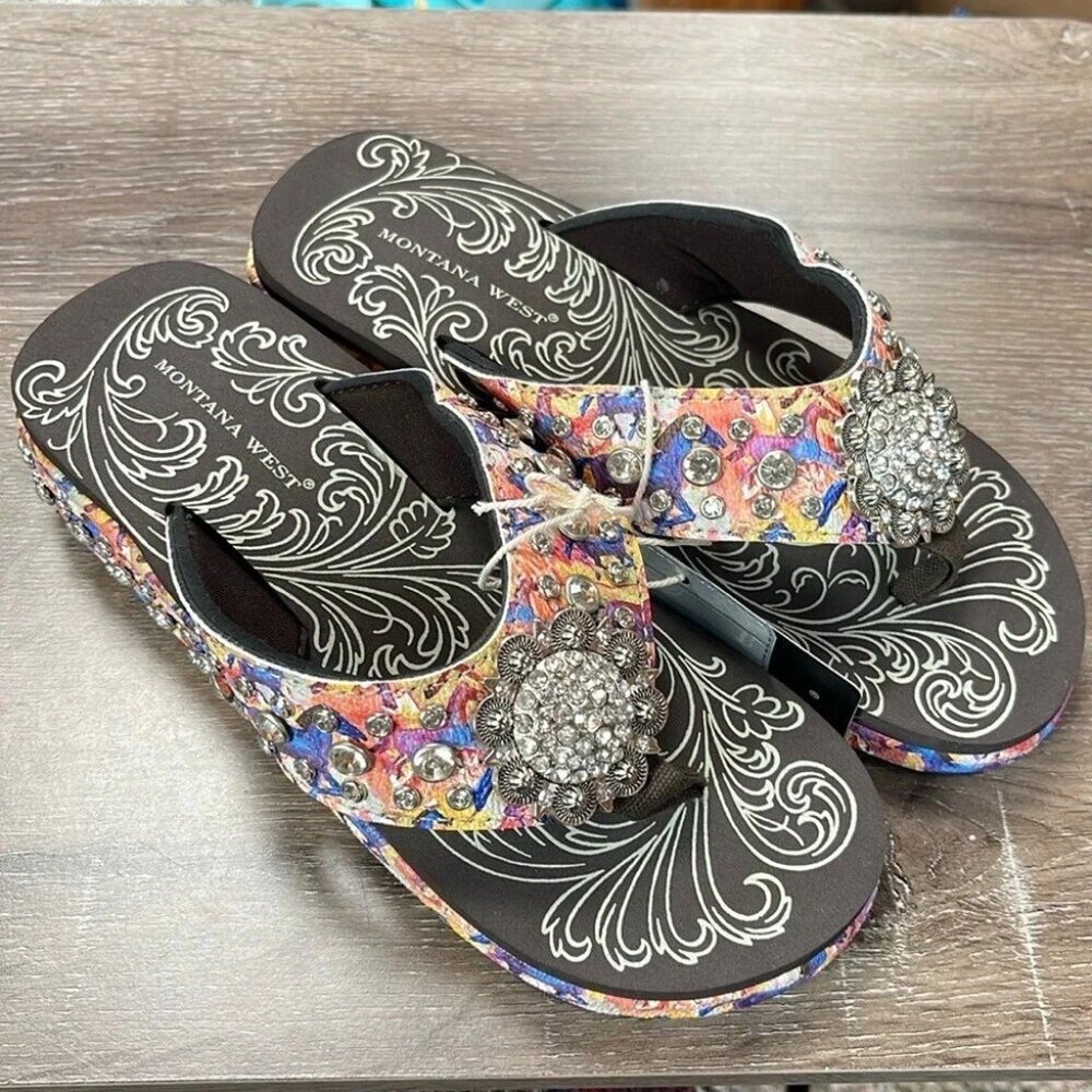 Montana West Flip Flops Western Horses Multi Color Women's Wedge Sandals NEW